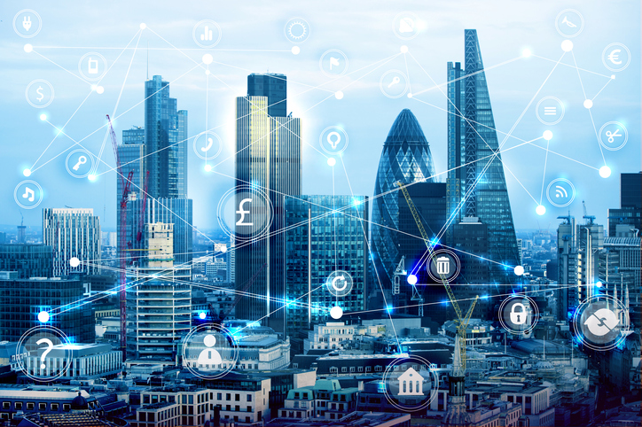 City of London at sunset and business network connections concept illustration with lots of business icons. Technology, transformation and innovation idea.