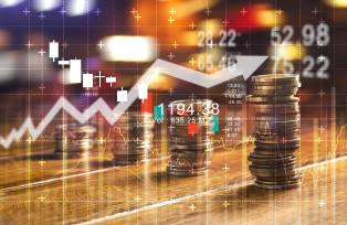 Finance and business concept. Investment graph and rows growth and of coins on table - PIMCO