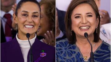 A candidata presidencial do partido governista MORENA, Claudia Sheinbaum (à esquerda) e Xochitl Galvez, a candidata presidencial da 'Fuerza y ​​Corazon por Mexico', uma aliança de partidos de oposição (REUTERS/Quetzalli Nicte-Ha)