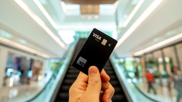 Cartão preto em frente a uma escada rolante de shopping