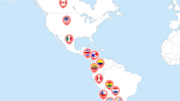 Mapa Mundi focado naa Américas destacando 15 países que possuem vistos de trabalho