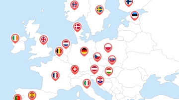 Mapa Mundi focado na Europa destacando 21 países que possuem vistos de trabalho