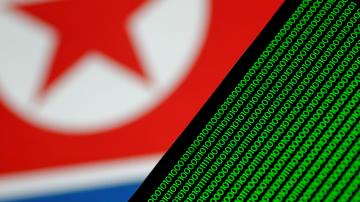 Ilustração de código binário em tela com uma bandeira da Coreia do Norte no fundo