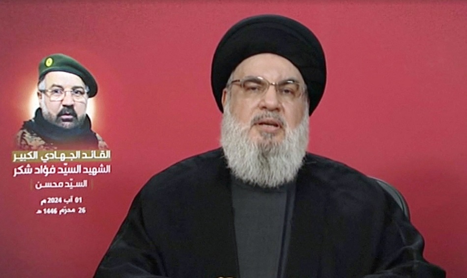 Líder do Hezbollah, Sayyed Hassan Nasrallah, faz pronunciamento pela TV
01/08/2024
Al-Manar TV/Divulgação via REUTERS