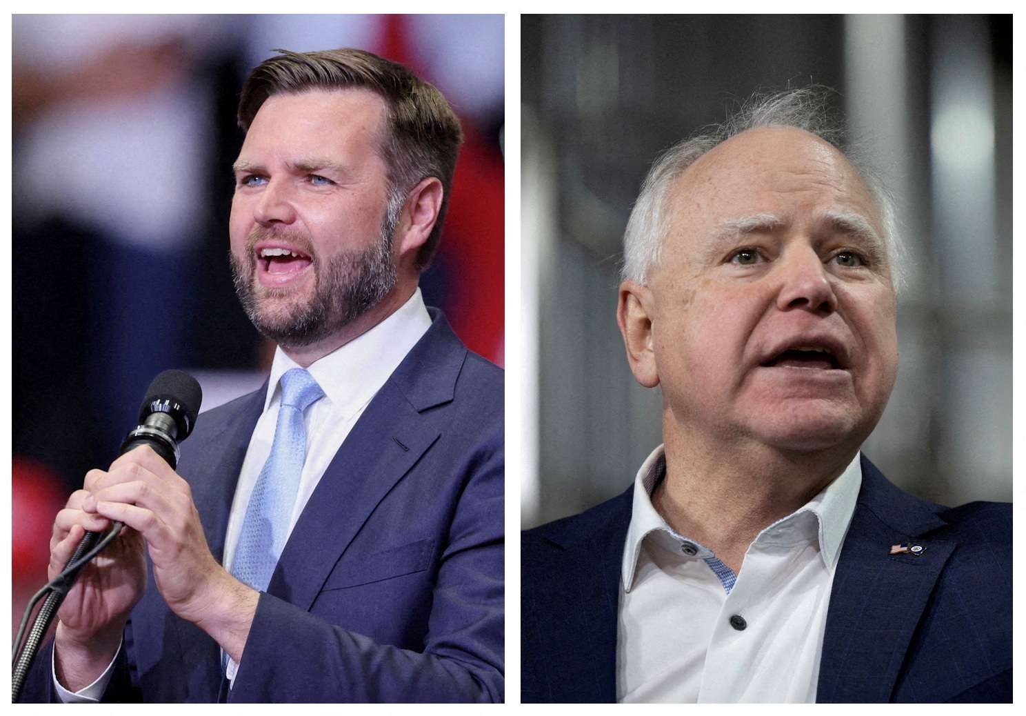 Candidatos a vice-presidente dos EUA JD Vance, do Partido Republicano, e Tim Walz, do Partido Democrata - 20/07/2024 e 25/01/2024 (Fotos: Tom Brenner/Reuters)