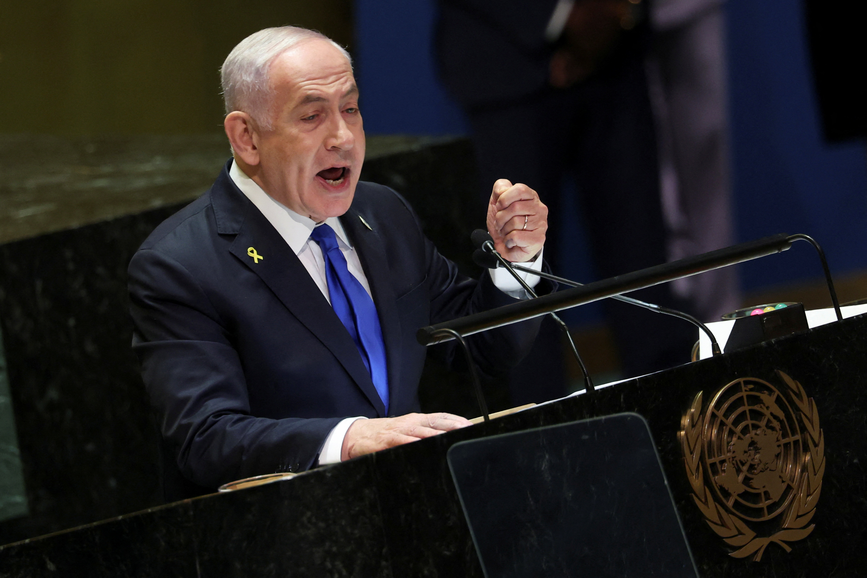 O primeiro-ministro de Israel, Benjamin Netanyahu, discursa na 79ª Assembleia Geral das Nações Unidas na sede da ONU em Nova York, EUA, em 27 de setembro de 2024. REUTERS/Mike Segar