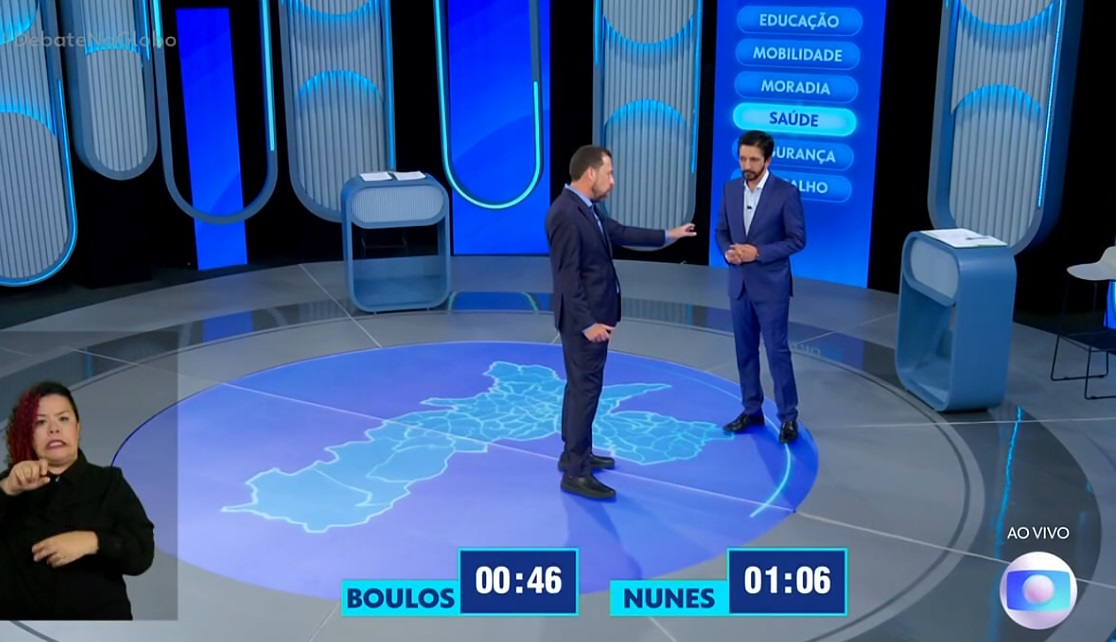 Guilherme Boulos (PSOL) e Ricardo Nunes (MDB) e4m debate da TV Globo (Foto: Reprodução/TV Globo)