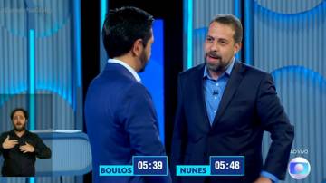 Ricardo Nunes (MDB) e Guilherme Boulos (PSOL) em debate da TV Globo (Foto: Reprodução/TV Globo)