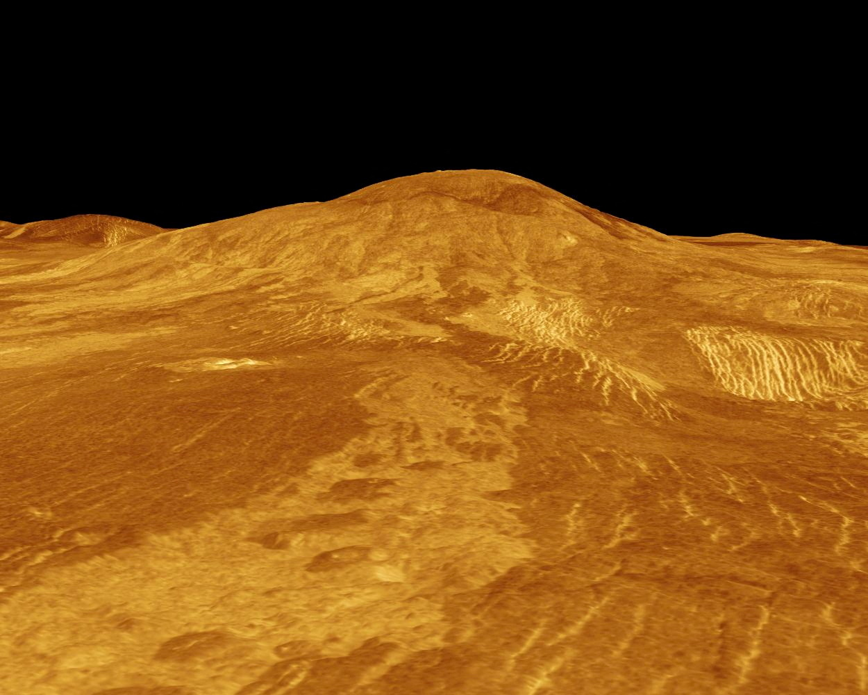 Um modelo 3D da superfície de Vênus gerado por computador mostrando o vulcão Sif Mons disponibilizado por laboratório da Nasa
NASA/JPL/Distribuição via REUTERS/Foto de arquivo